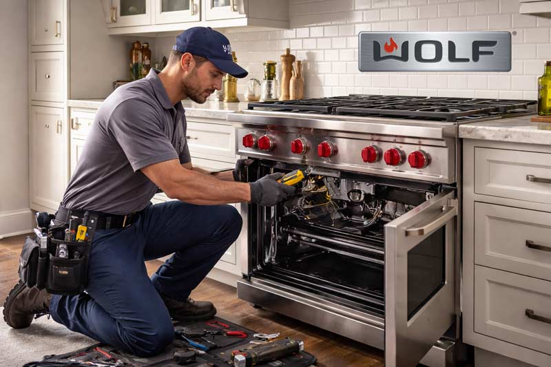 Technician repairing a Wolf gas range in a modern kitchen, using a multimeter and professional tools.