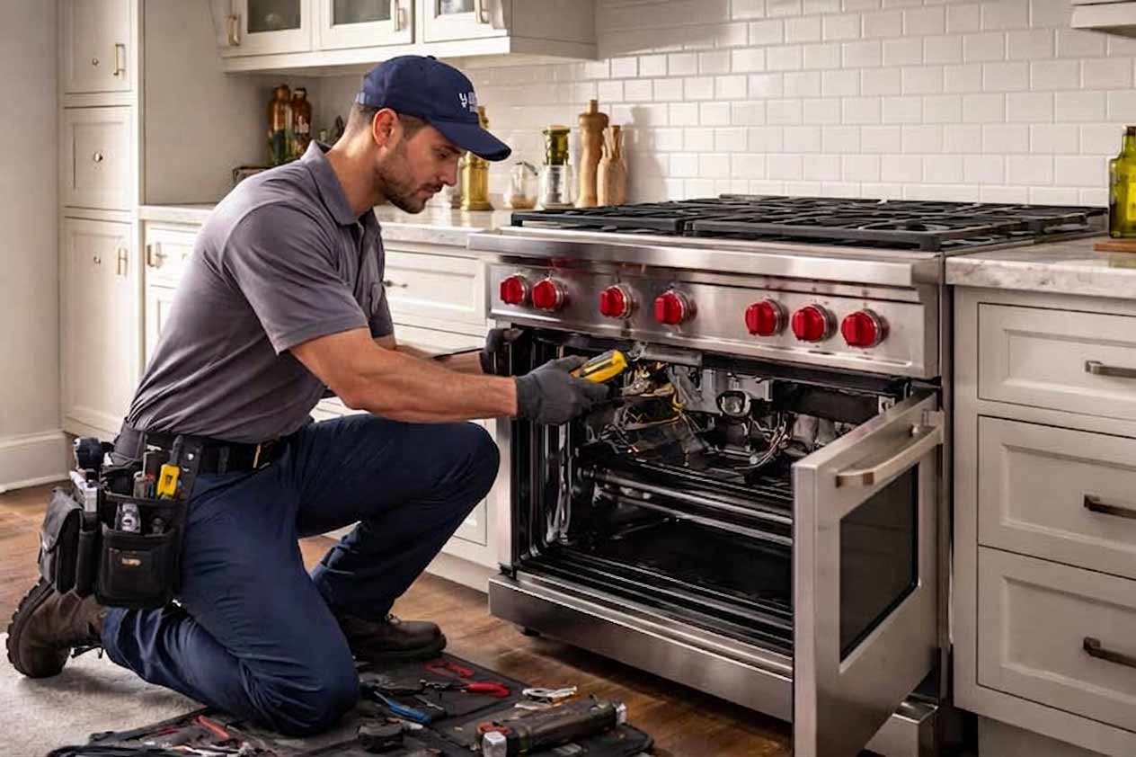 Technician repairing a Wolf gas range in a modern kitchen, using a multimeter and professional tools.